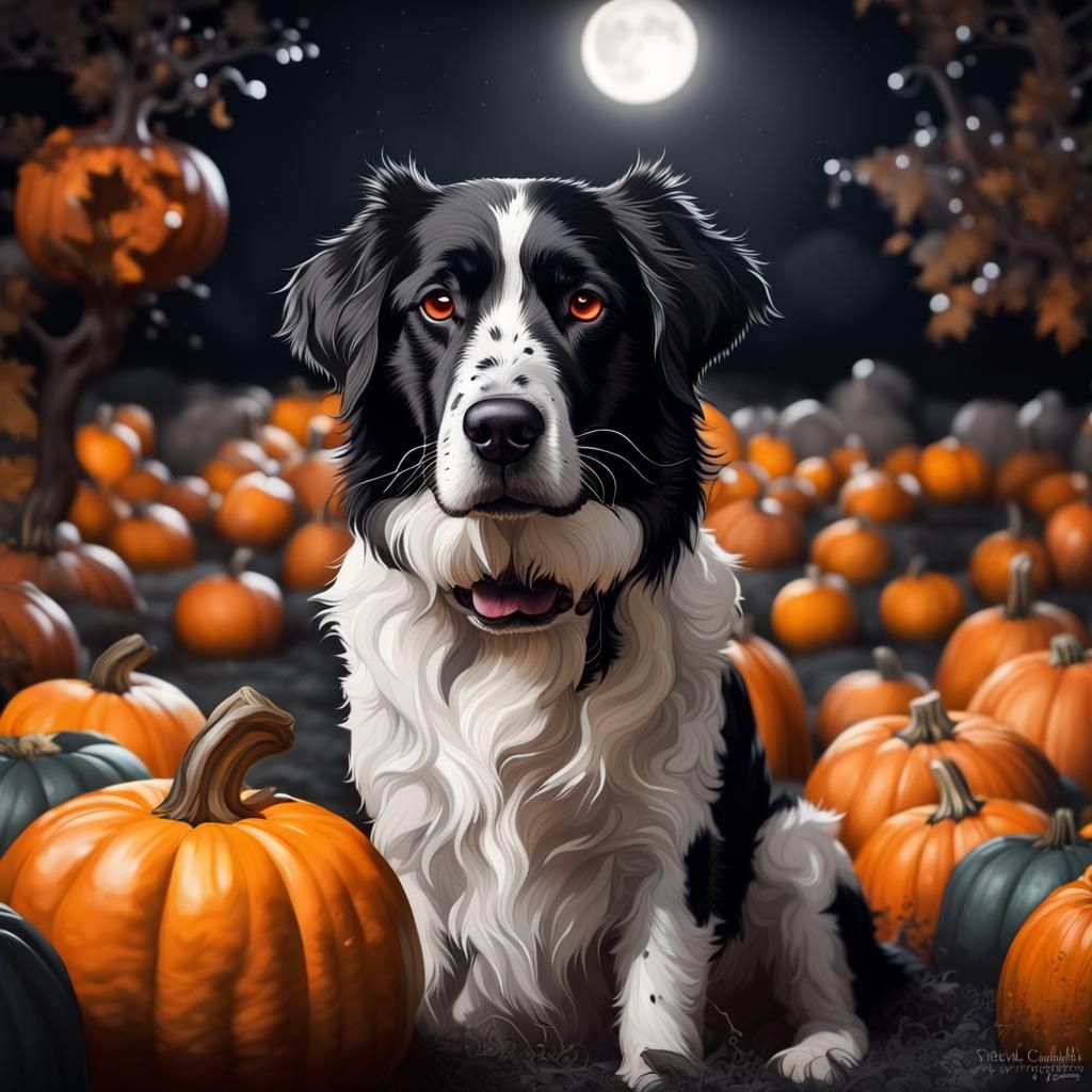 Stabyhoun Dog in Splash Art Style with Pumpkins