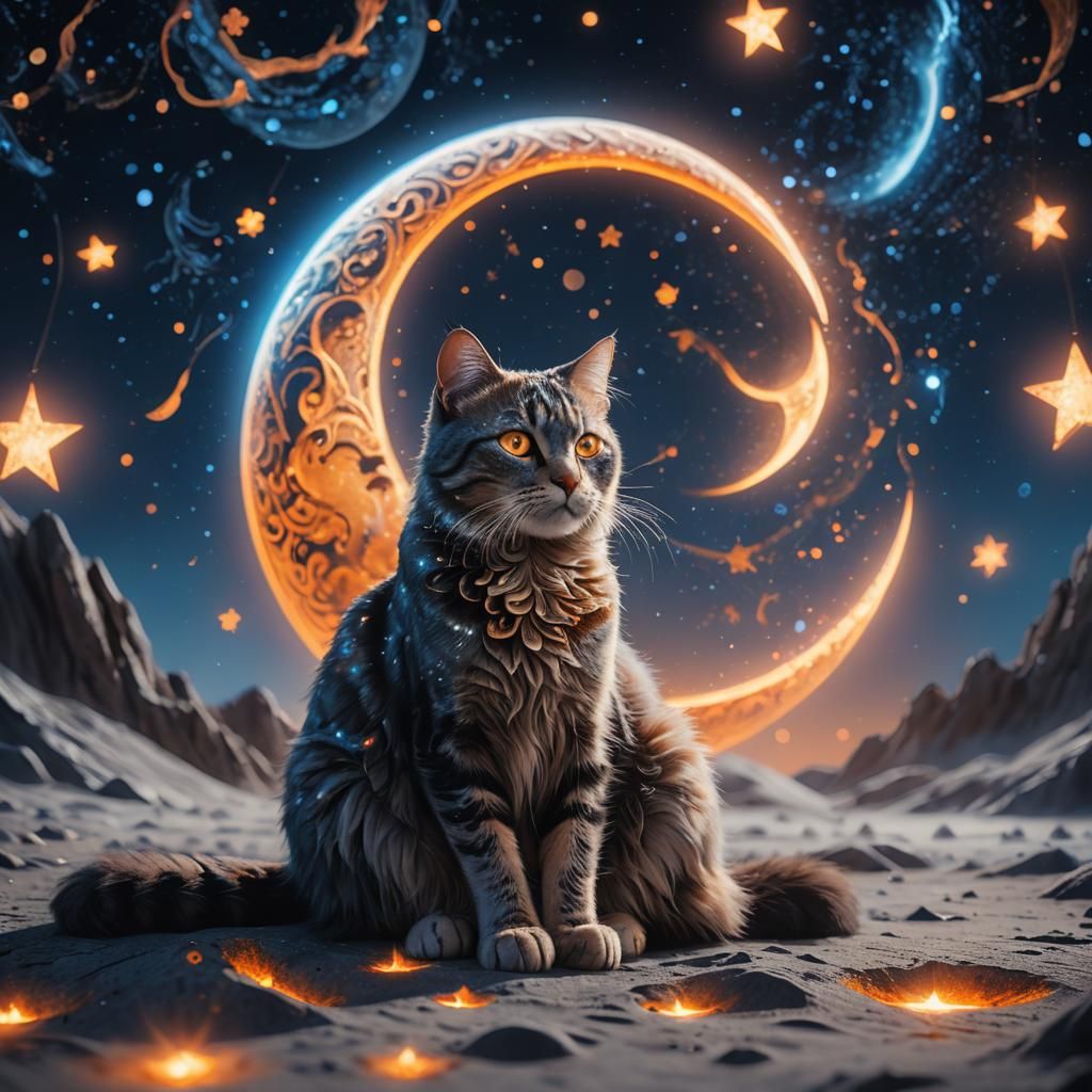 Moon Cat in Starry Fantasy Landscape