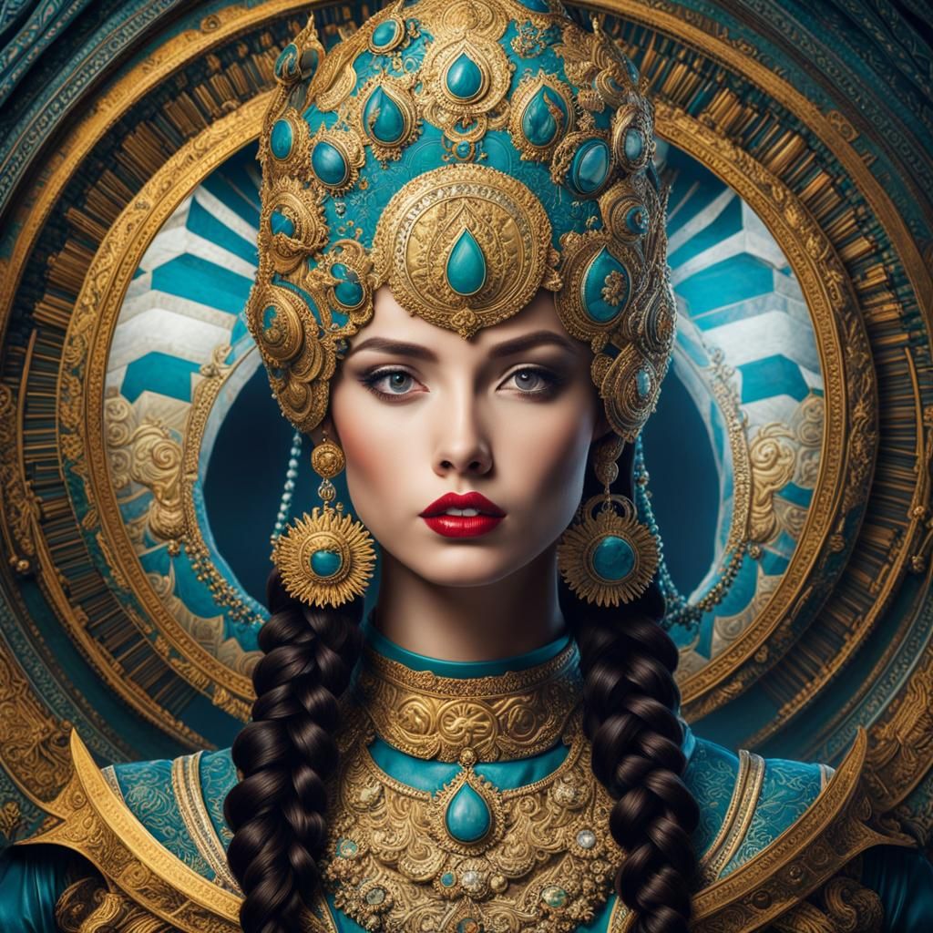 Cosmic Woman with Golden Crown and Dark Wings