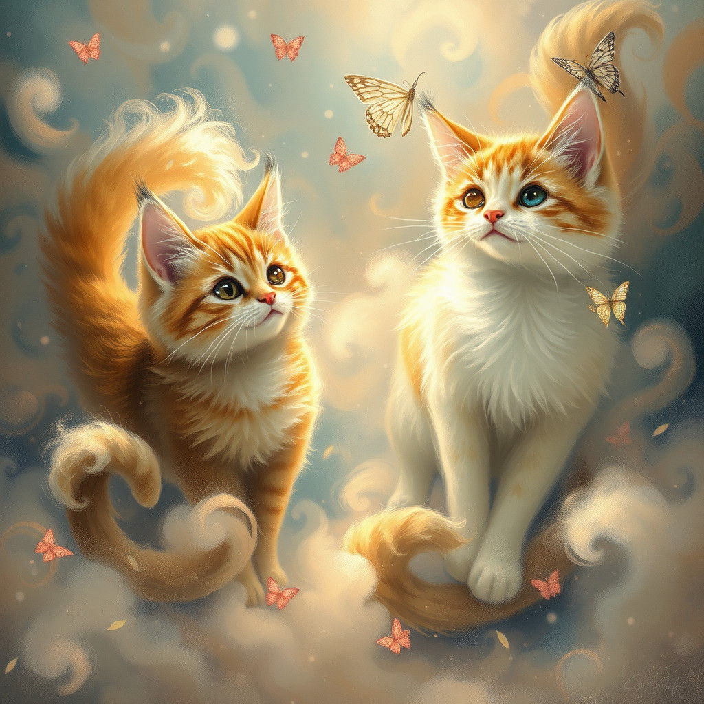 Dreamy Cats in Ethereal Mist: A Fantasy Art Piece