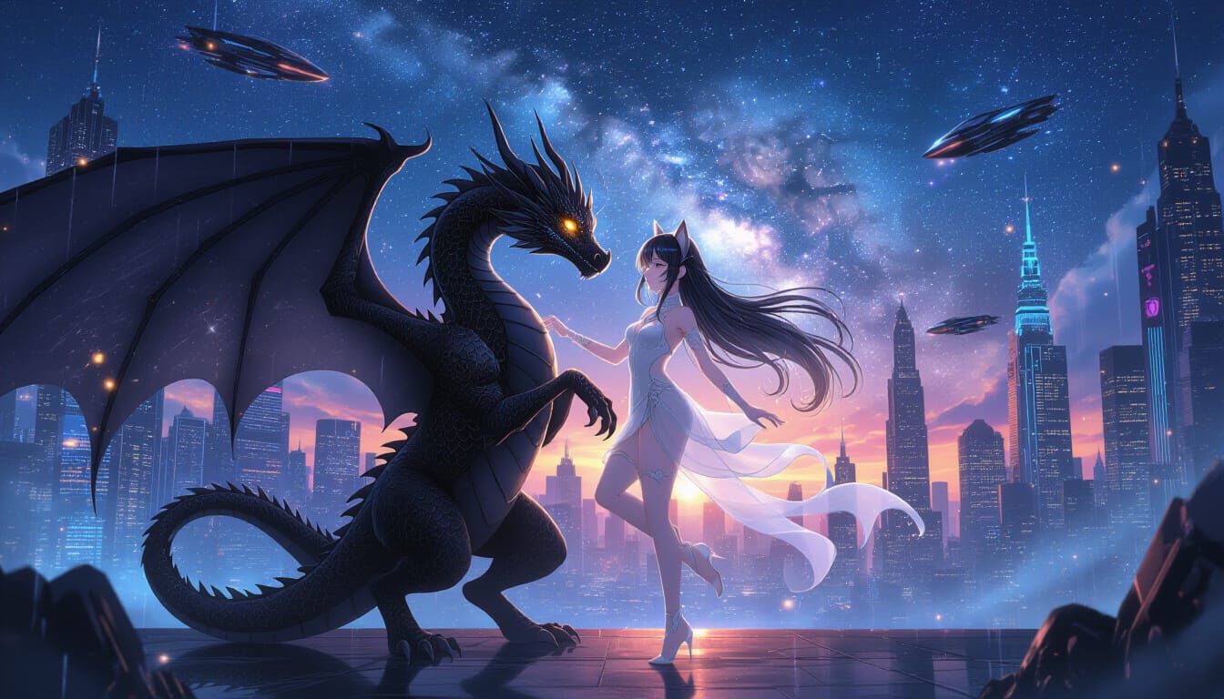 Black Dragon and Cat Girl Dance in Cyberpunk City