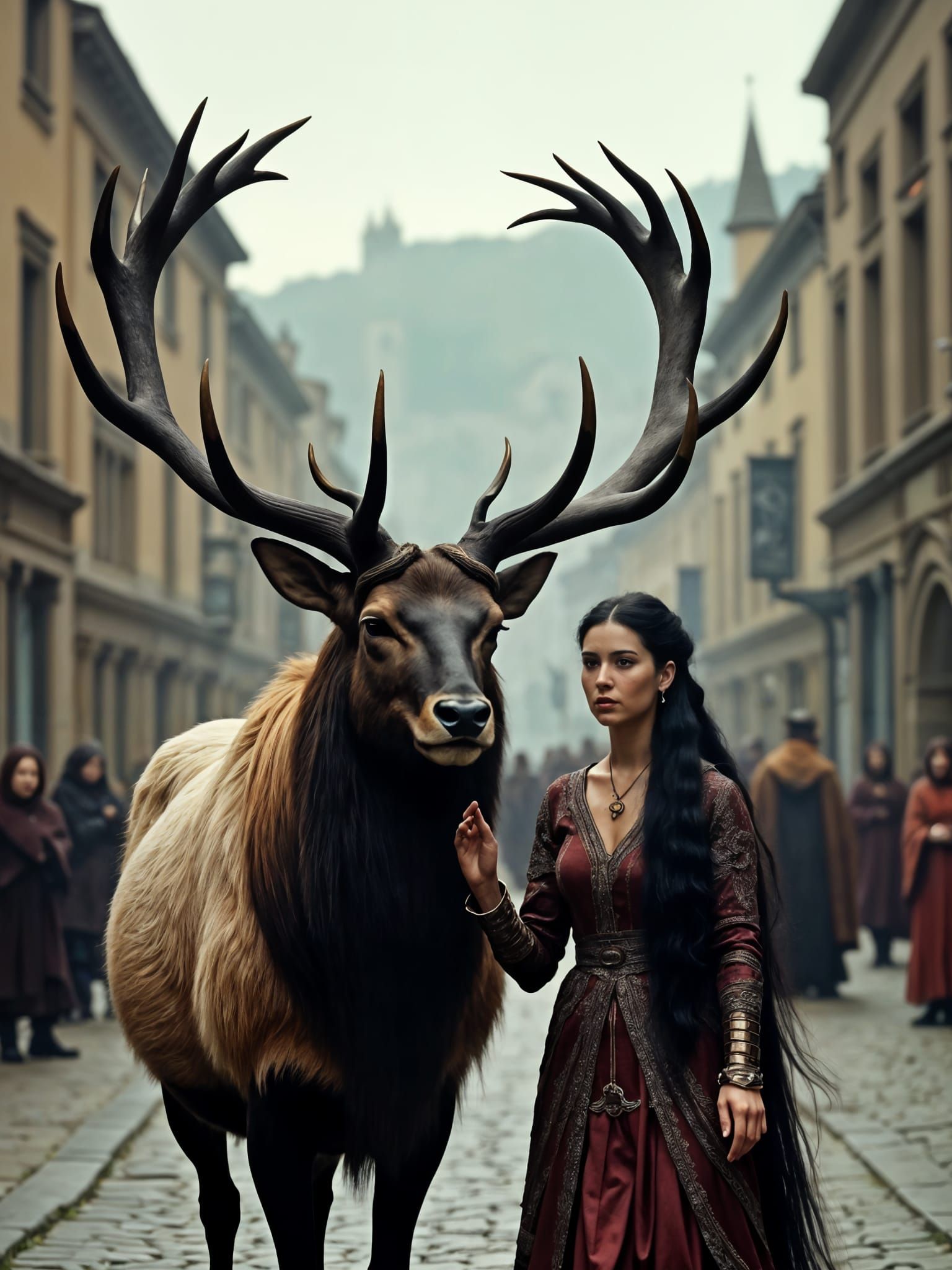 Celtic Woman and Giant Elk in Ancient City