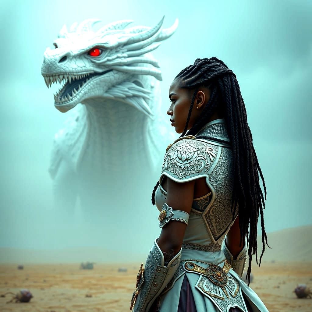 Ethereal Warrior Confronts a Majestic White Dragon in a Dark...