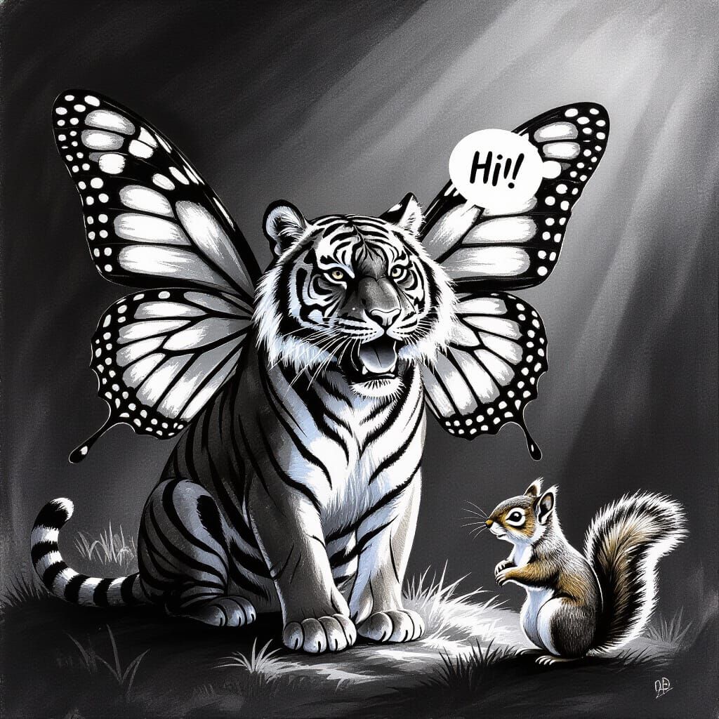 Tiger with Butterfly Wings Greets Squirrel in Charcoal Sketc...