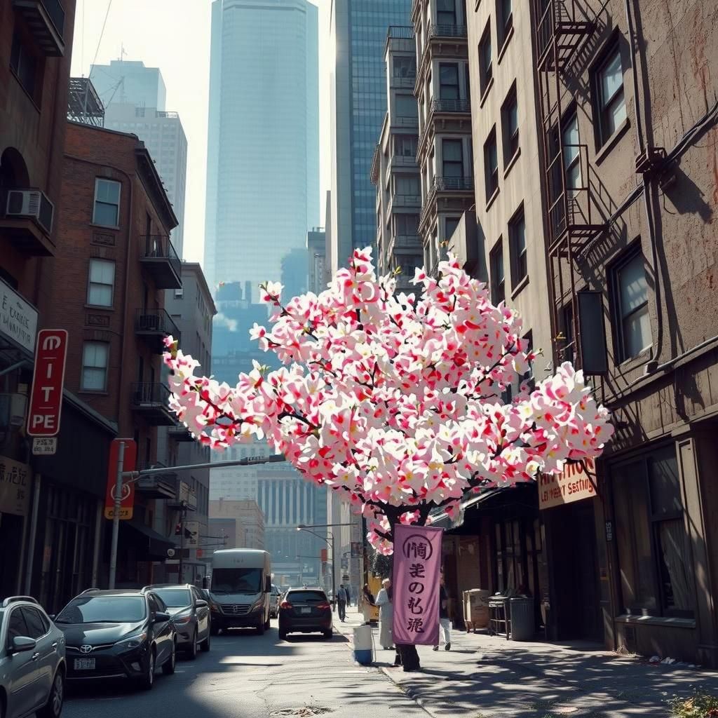 Vibrant Cherry Blossom Tree in Impressionist Style