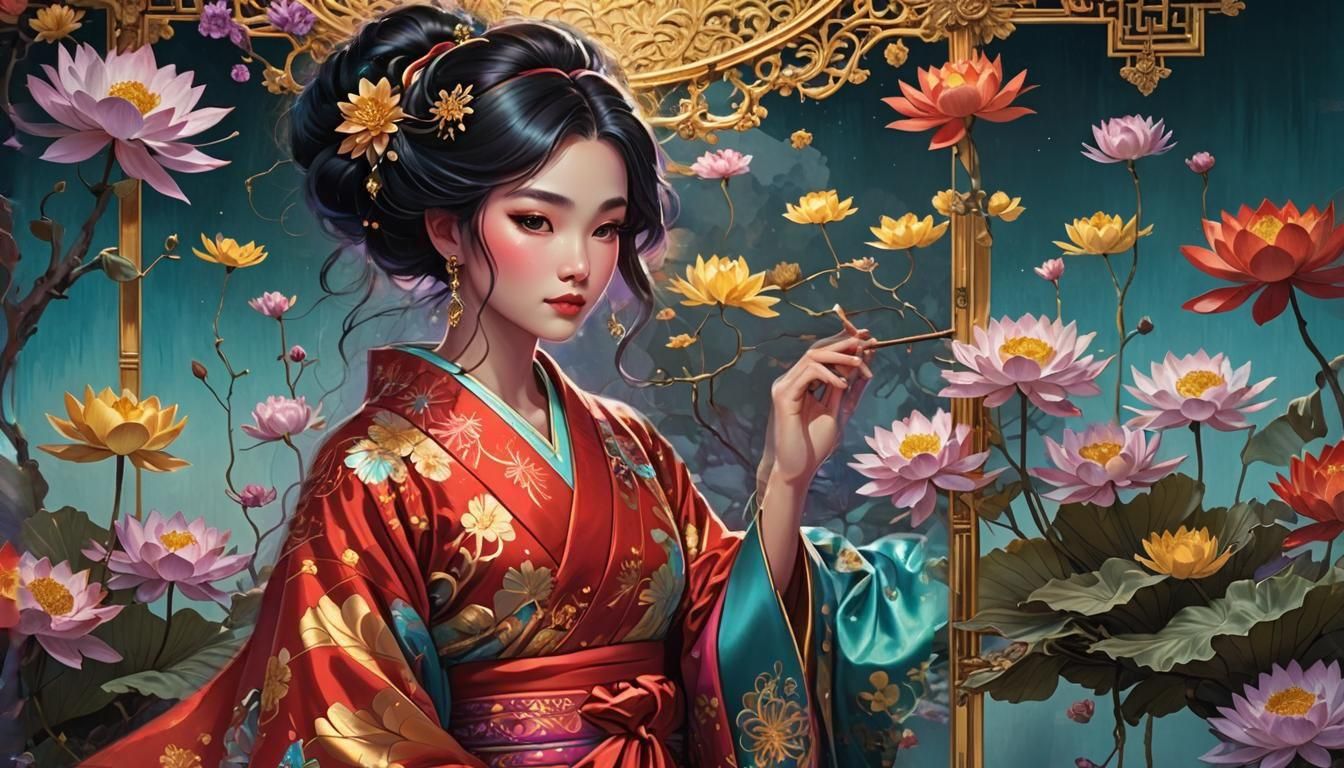 Disney Princess in Kimono Reflecting in a Pond