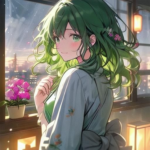 Anime Student with Tea-Green Hair at Sunset