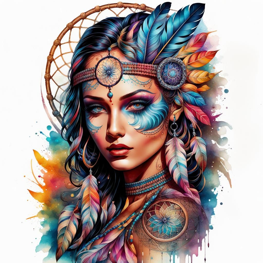 Indian Fantasy Portrait with Dreamcatcher in Mixed Media