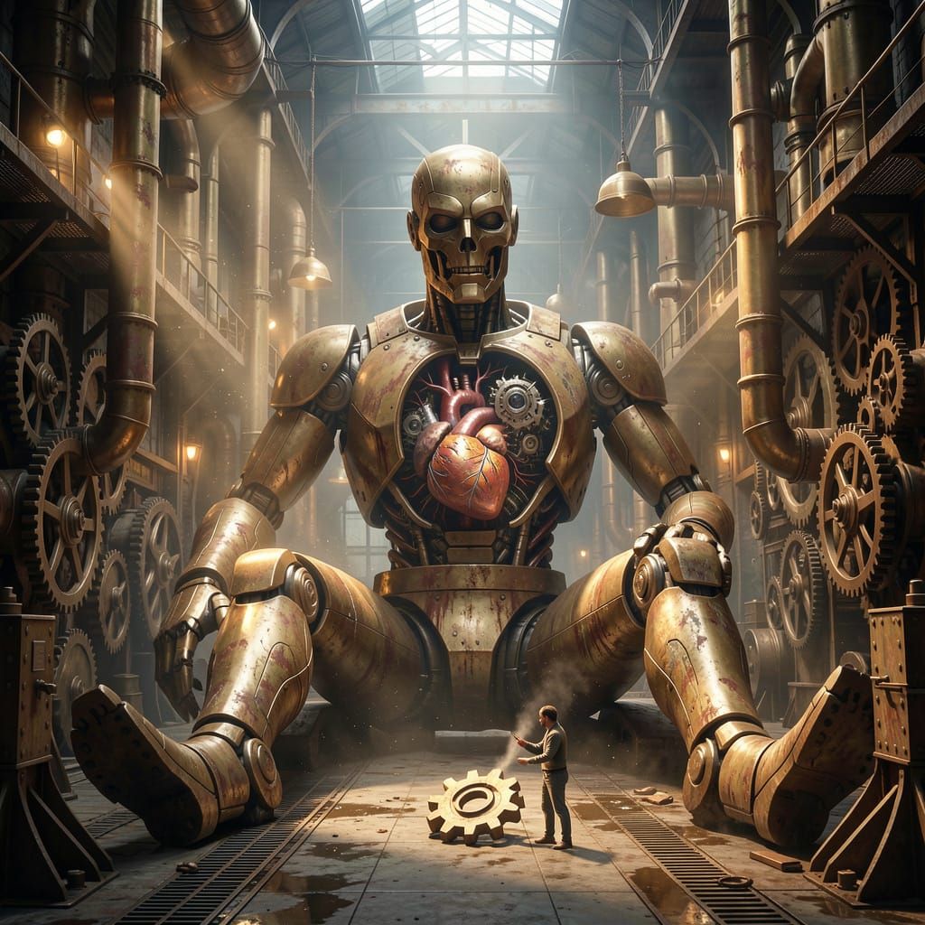 Steampunk Automaton with Failing Heart in Industrial Hall