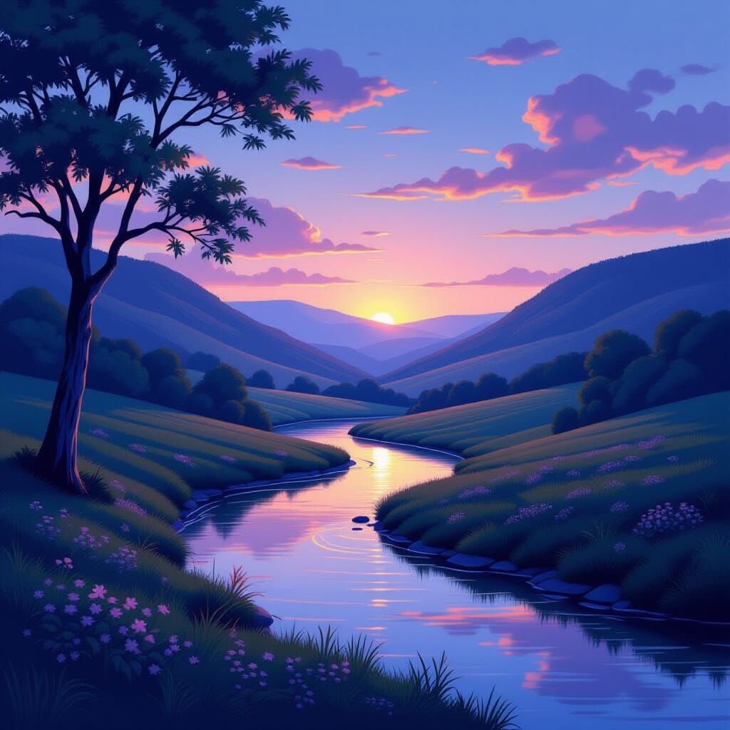 Tranquil River Landscape at Twilight in Painterly Style