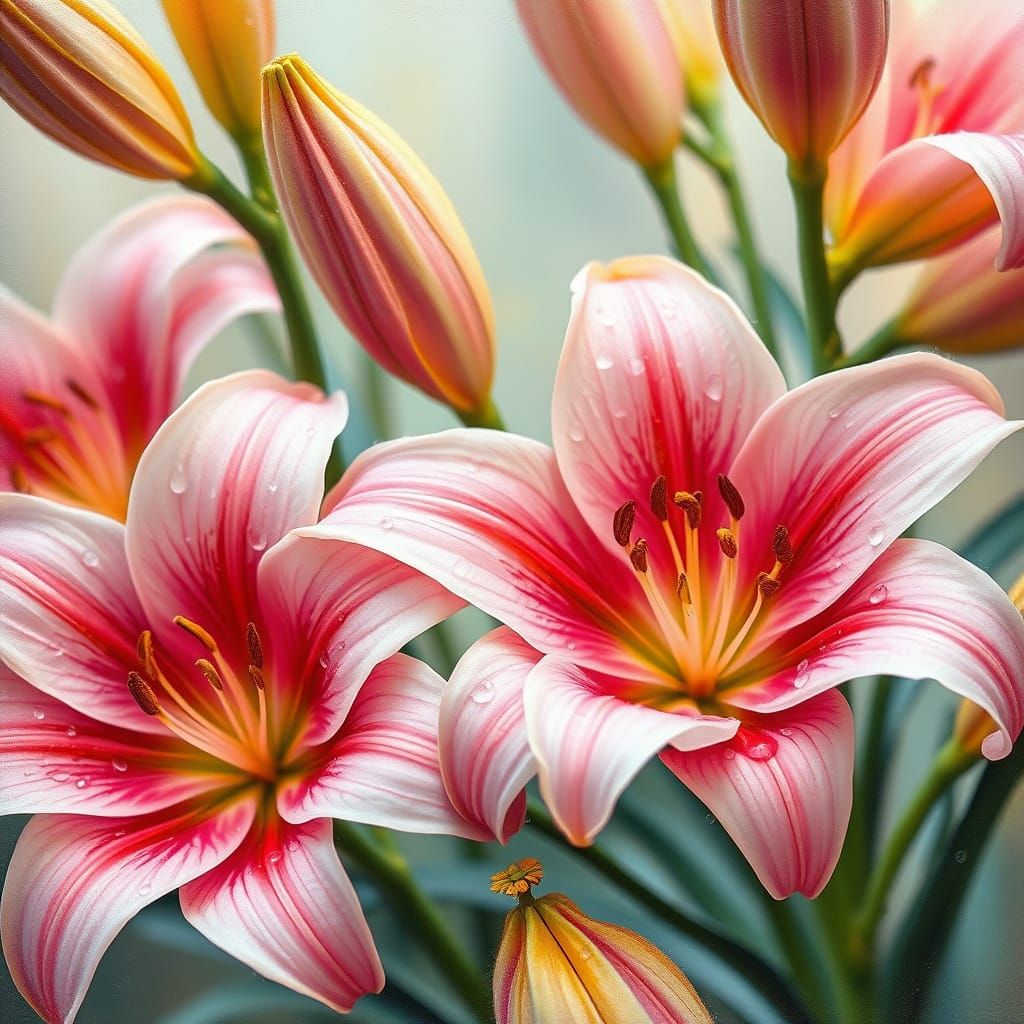 Ethereal Lilies in Spring Rain, in Vibrant Gouache Style