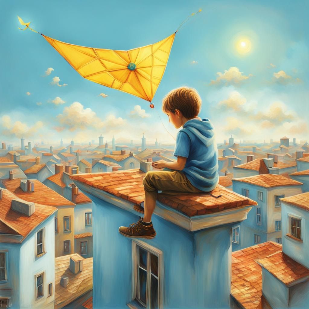 Boy Watching Kite in Dreamlike Surrealist Style