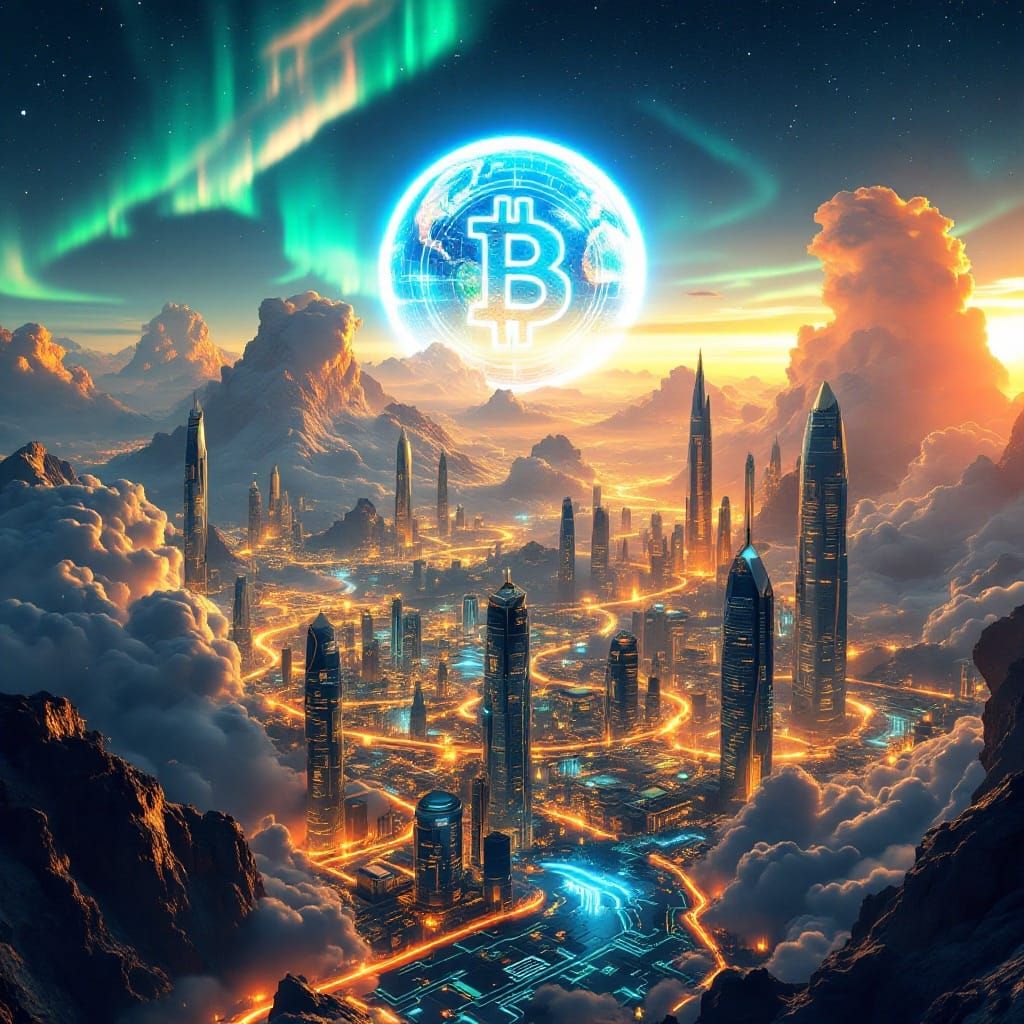 Futuristic Earthscape with Bitcoin Blockchain Circuits