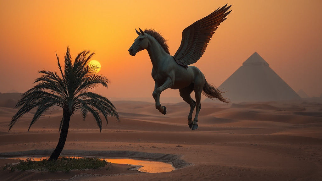 Bronze Pegasus Sunset Over Egyptian Desert Oasis