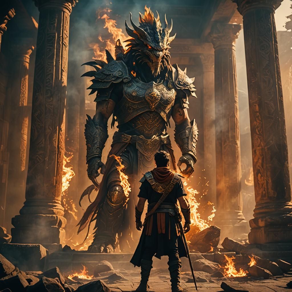 Demigod Hero in Burning Temple: Cinematic Film Still
