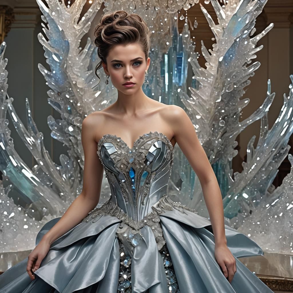 Woman in Opalescent Crystal Dress in Ballroom