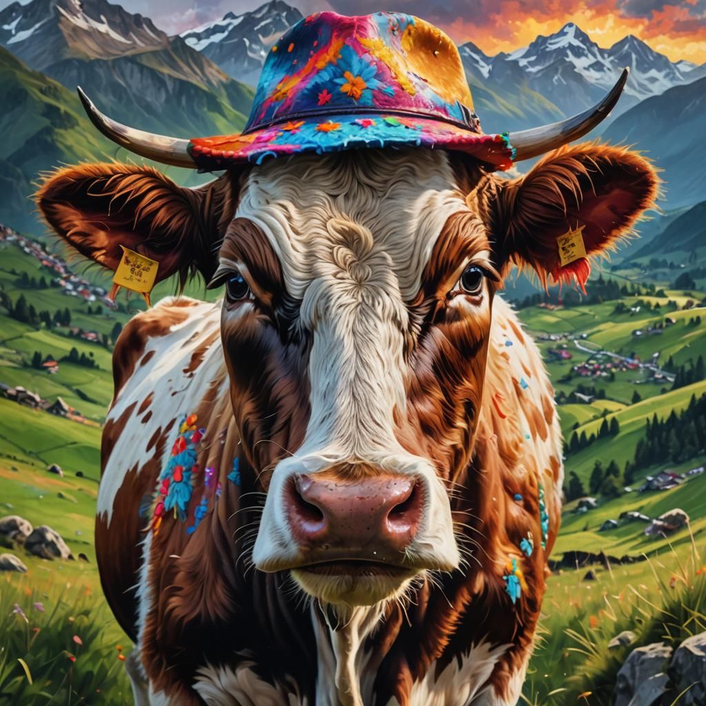 Cow in Tirol Hat: Hyperrealistic Splash Art