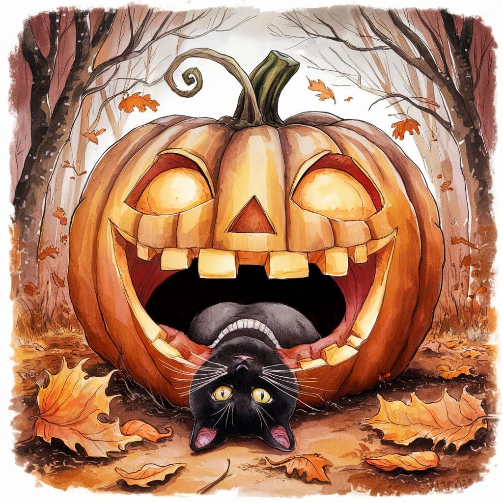 Whimsical Autumn Scene With Pumpkin and Black Cat