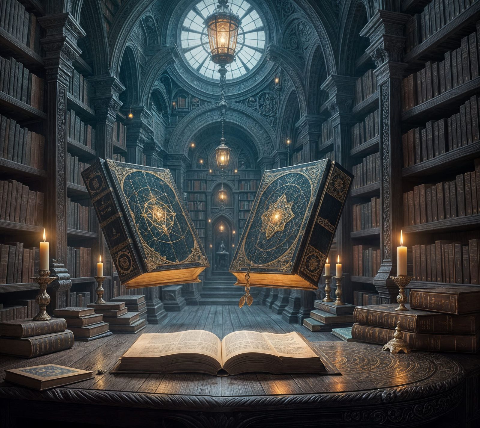 "In a magical, ancient library, two glowing books float above a carved wooden table, facing each other. Golden words spi...