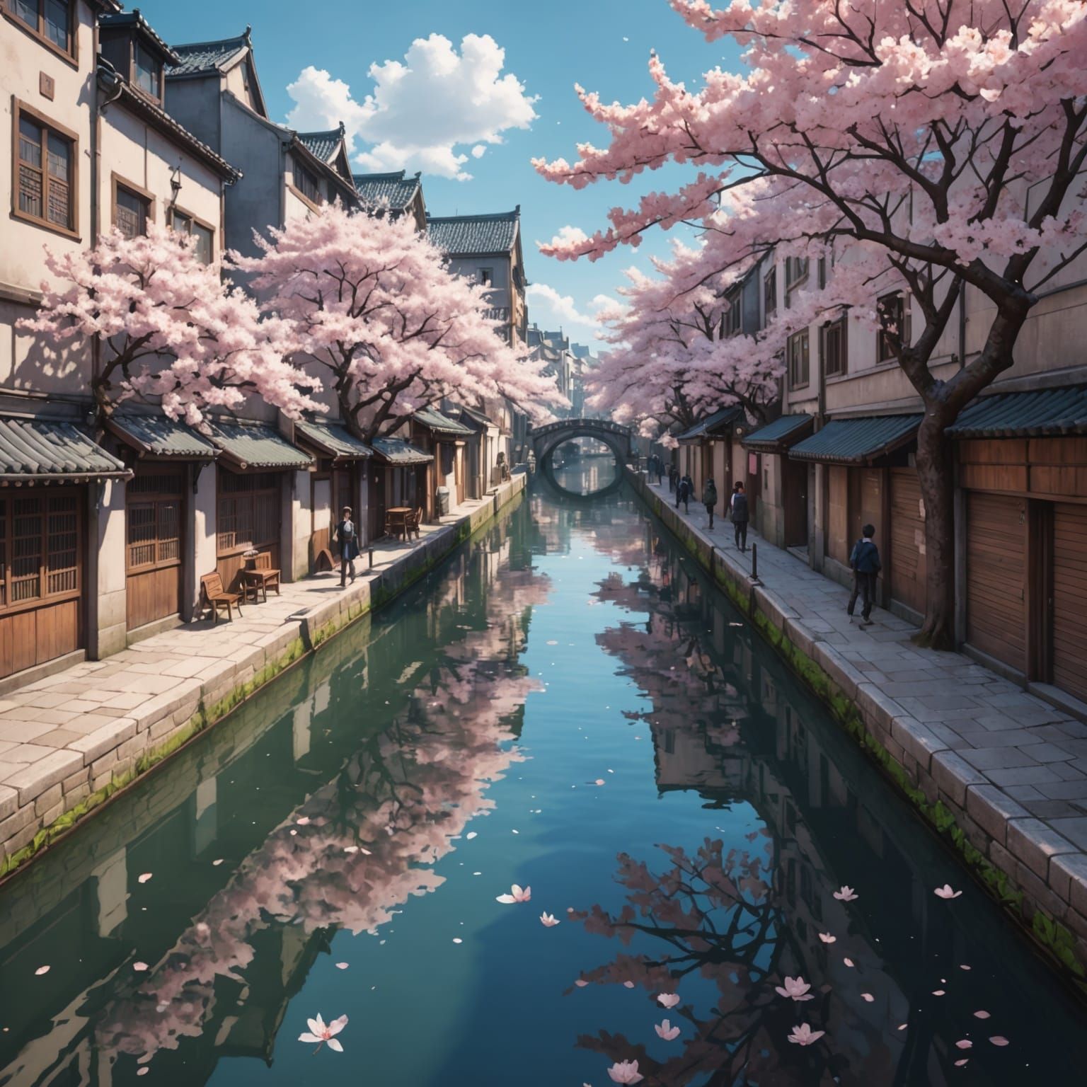 Cherry Blossoms Float on City Canal in Anime Style
