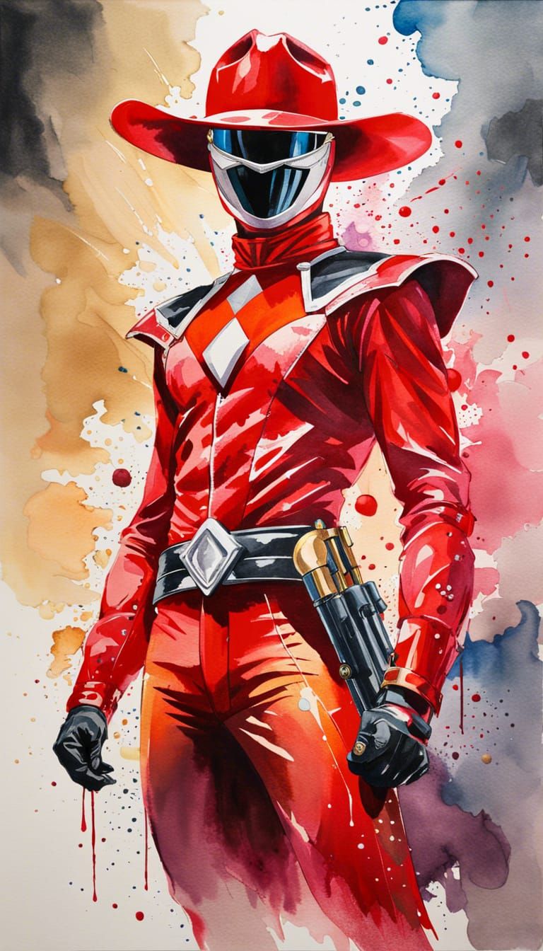 Red Power Ranger Cowboy: Watercolor Portrait