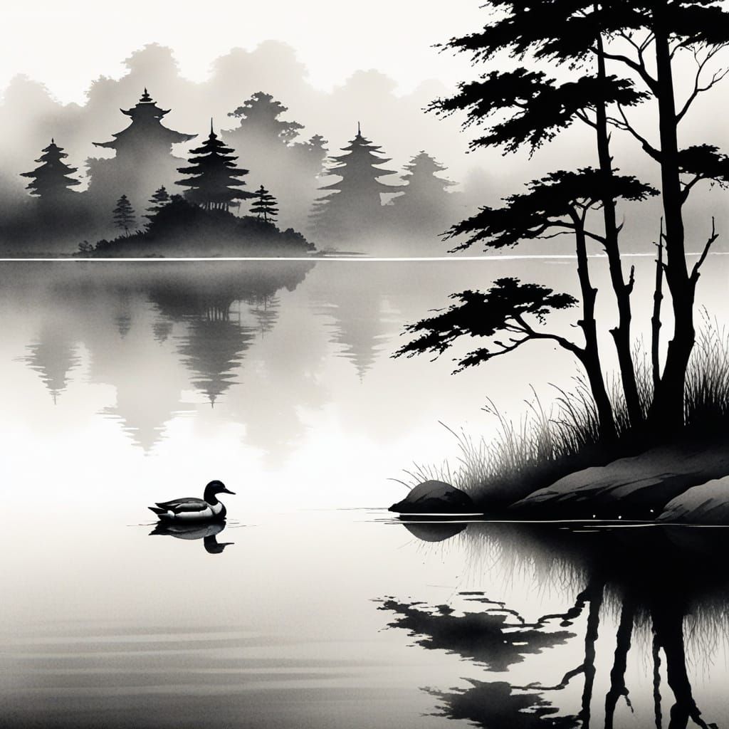 Duck on Misty Lake: Sumi-e Ink Wash Painting