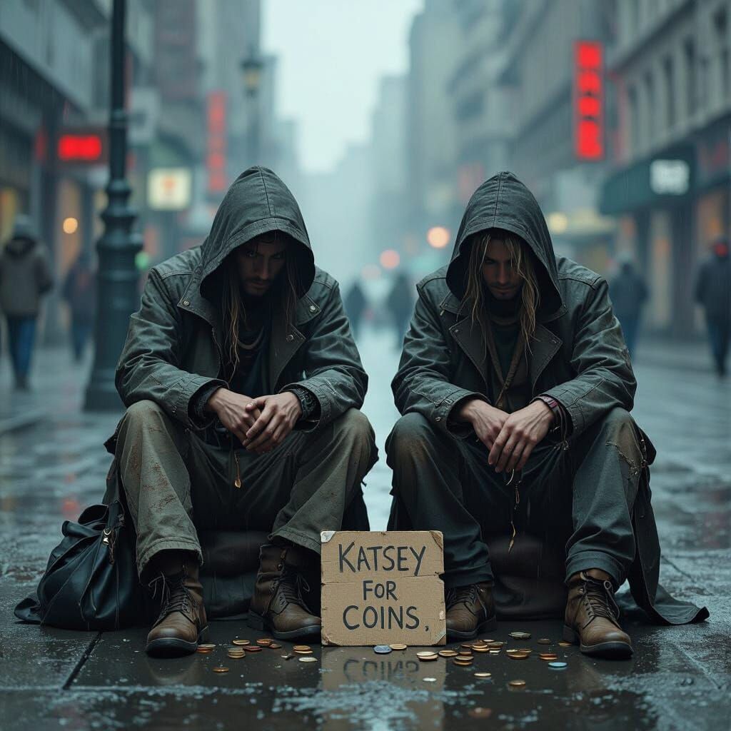 Pop Group Begging in Dystopian Cityscape