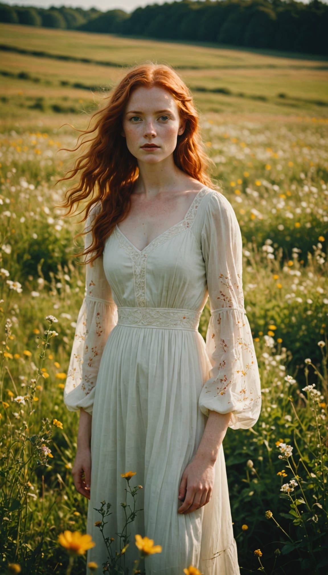 Irish Woman in Wildflower Field, Film Photography Style