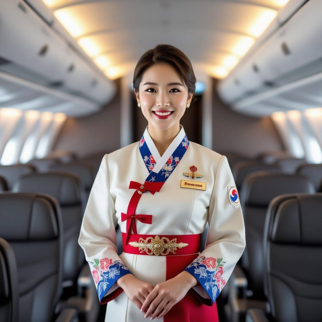 Korean Air Attendant in Hanbok-Inspired Uniform