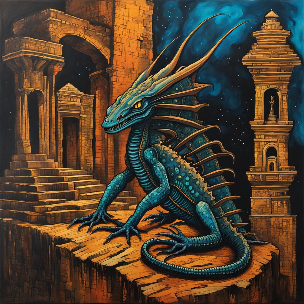 Xenomorphic Salamander in Haunted Ziggurat, Cell-Shaded Art