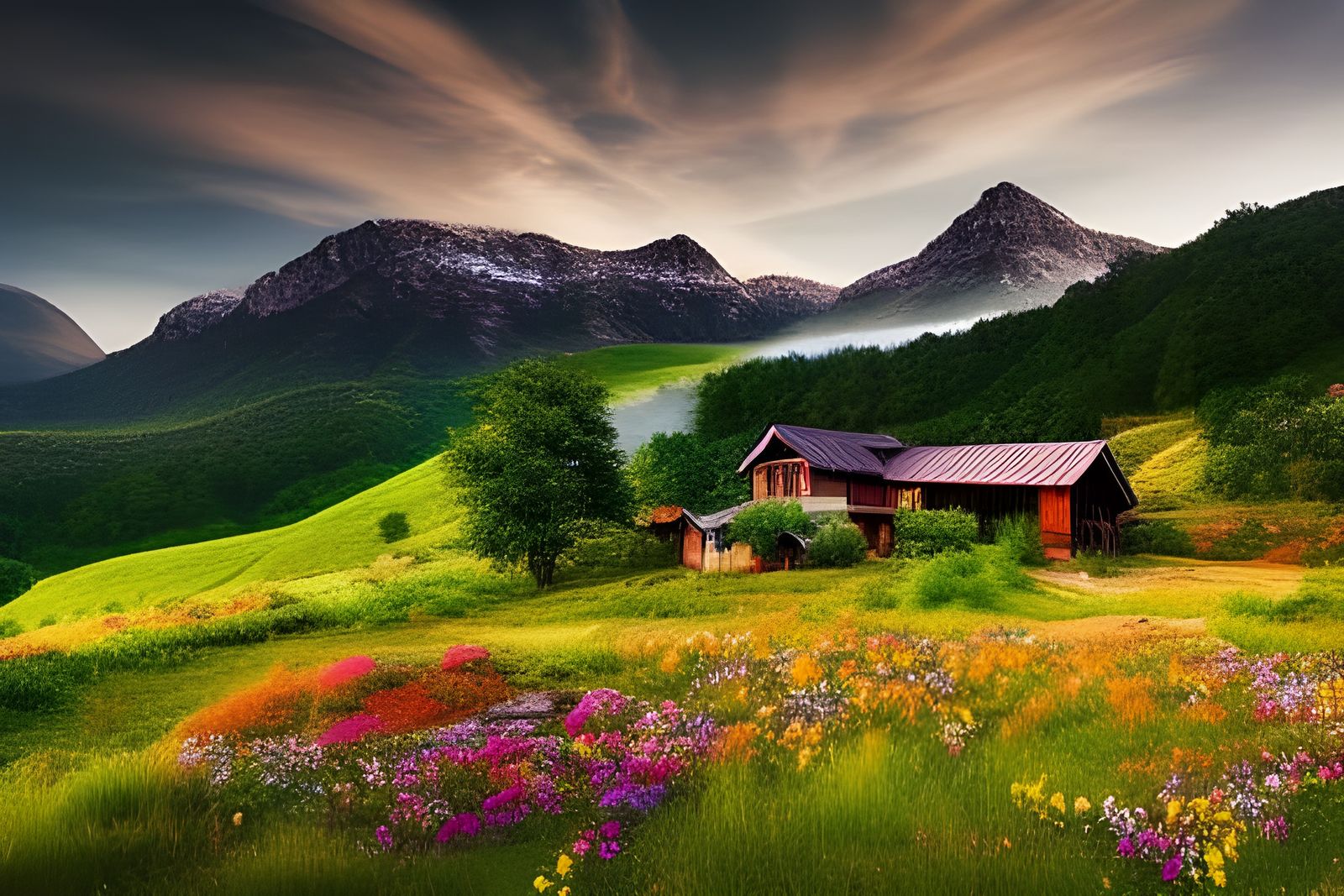 Cozy Homestead Vista with Wildflowers and Mountains