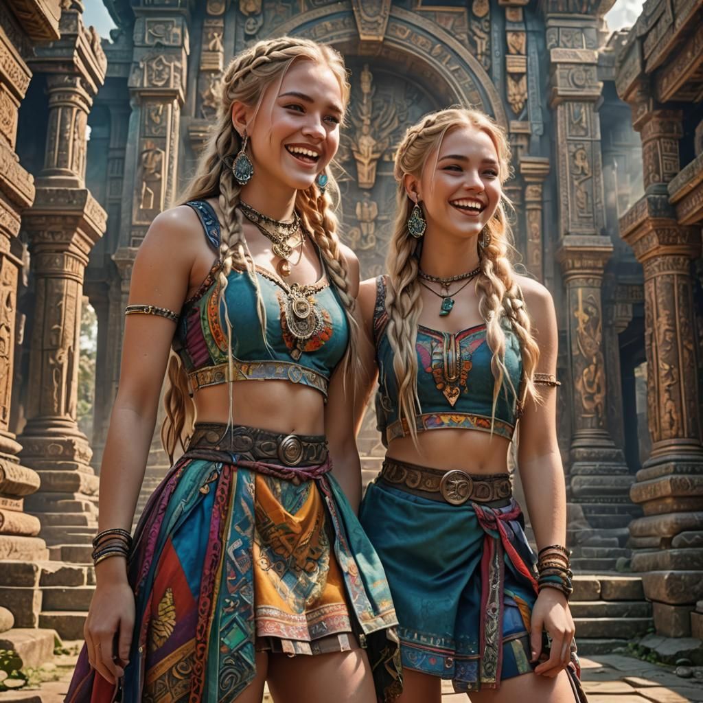 Twin Teens Portrait with Fantasy Temple Backdrop