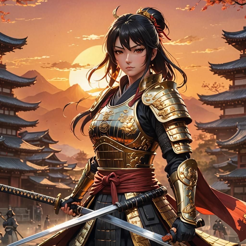 Anime Female Warrior with Katana in Sunrise