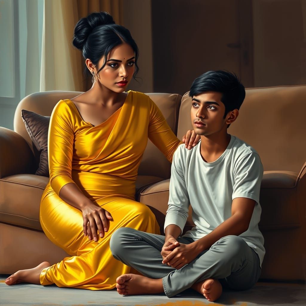 Indian Woman Admonishing Young Man on Sofa