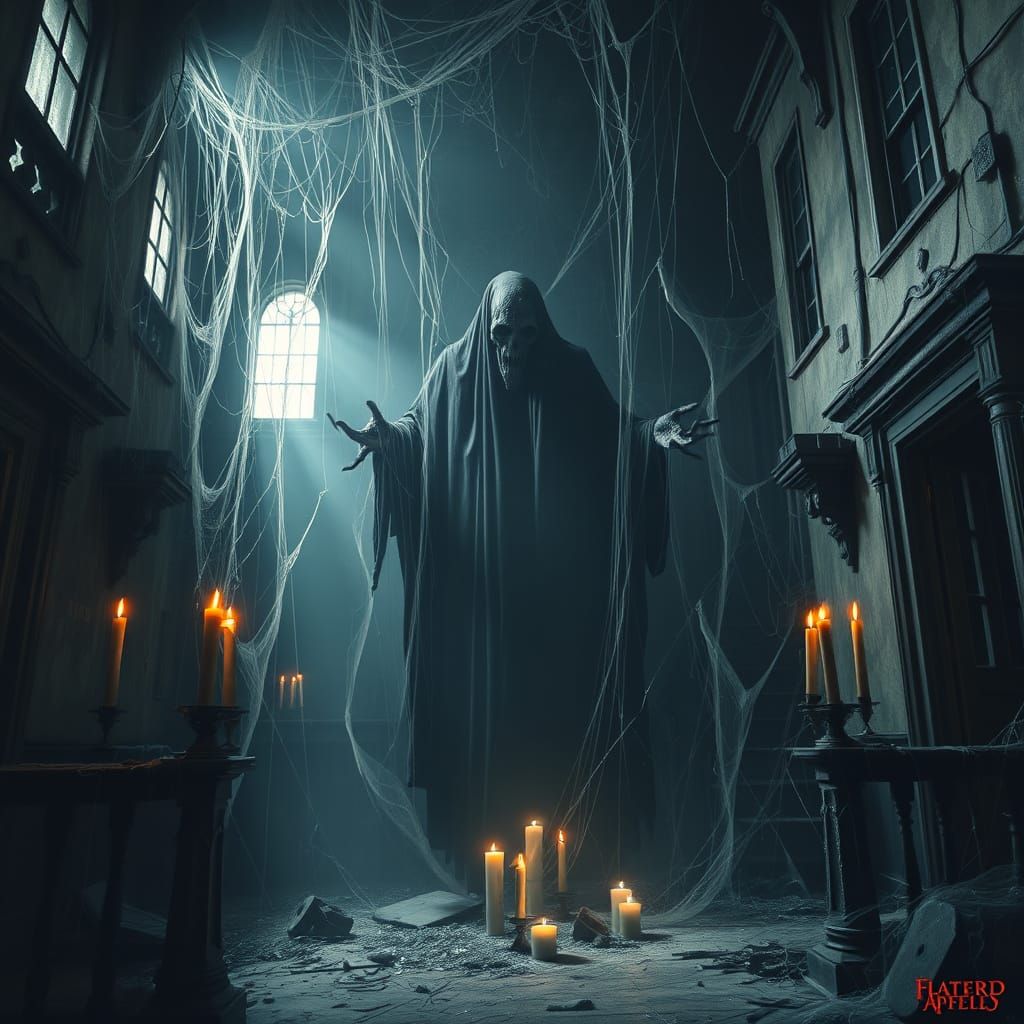 Ominous Figure in Decaying Mansion in Dark Gothic Style
