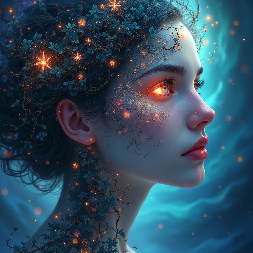 Ethereal Woman with Fractal Patterns and Cosmic Starlight