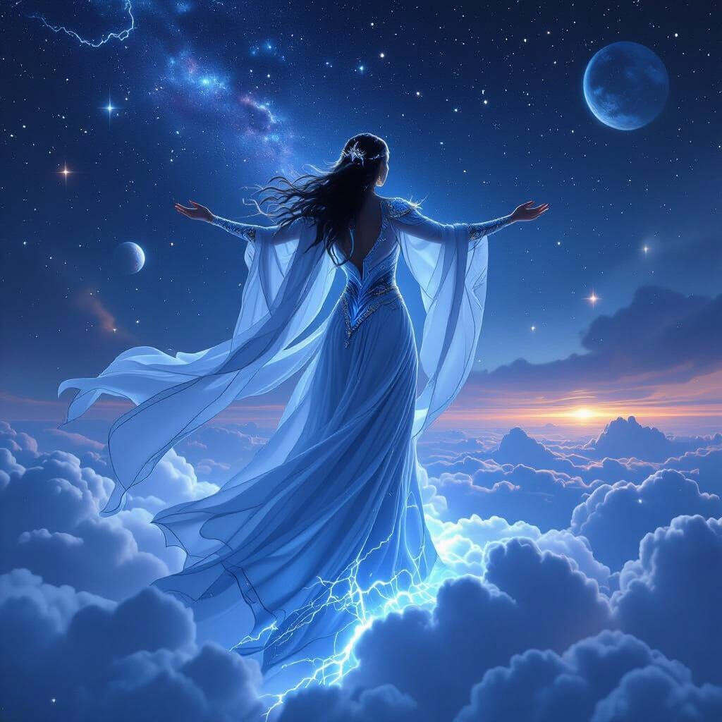 Celestial Goddess Surveys Cosmic Domain in Digital Matte Pai...