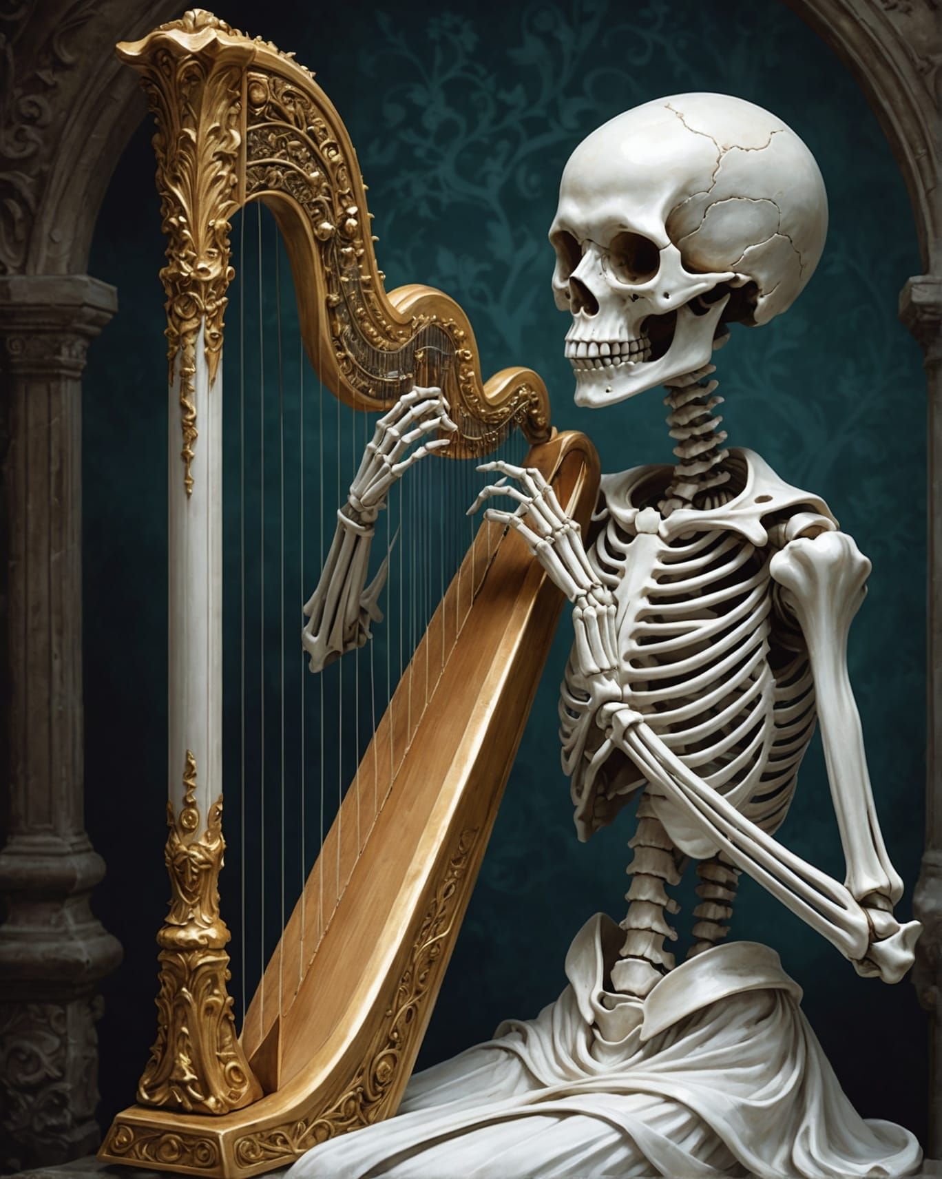 Ghostly Skeleton Harping: Ethereal Illustration