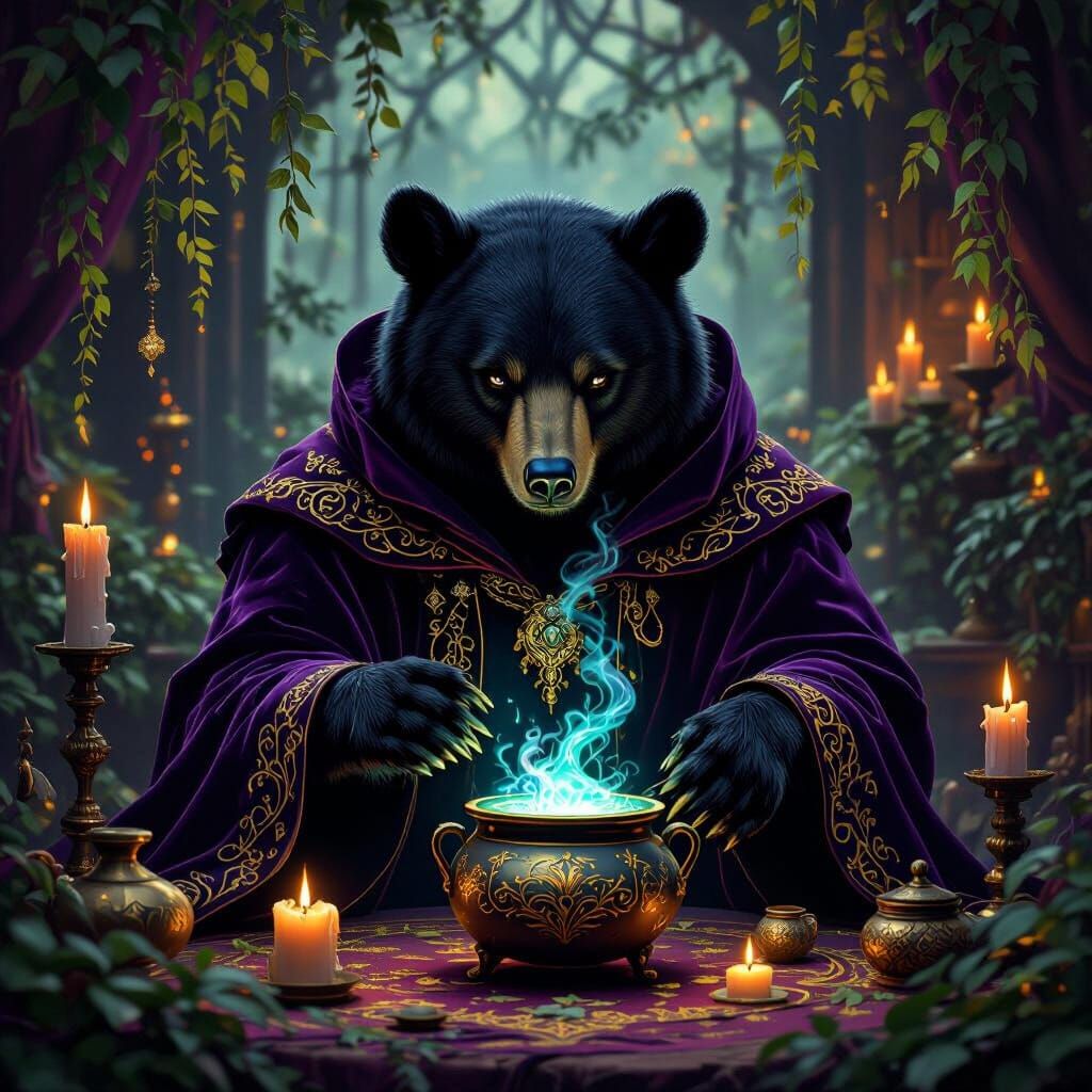 Mystical Black Bear Fortune Teller in Regal Setting