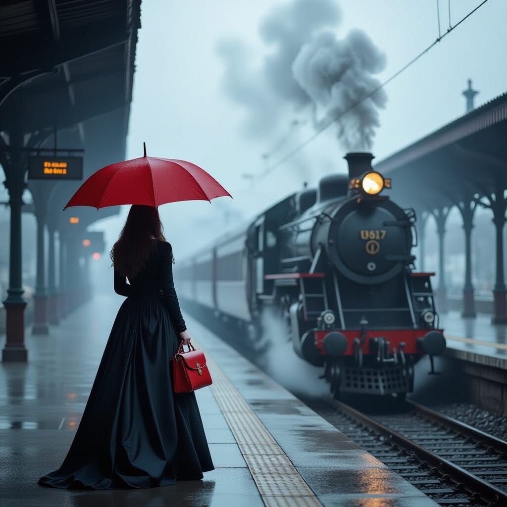 Surreal Dark Fantasy Woman with Red Umbrella Awaits Train