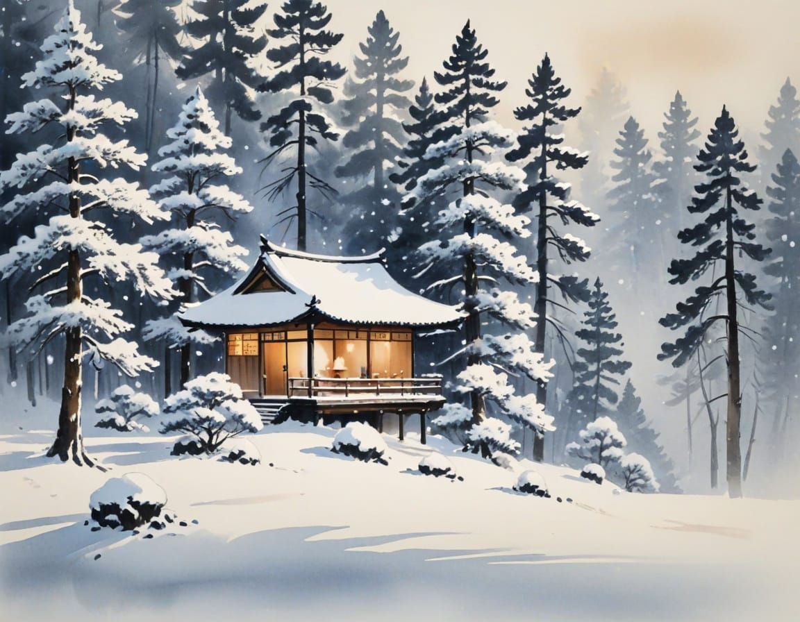 Snowy Tea House: Ink Wash Painting in Sumi-e Style
