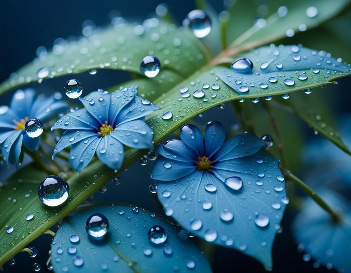 drops,leaf,flowers,blue