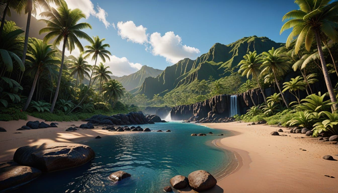 Hyperrealistic Tropical Paradise in Rose Gold and Blue Tones