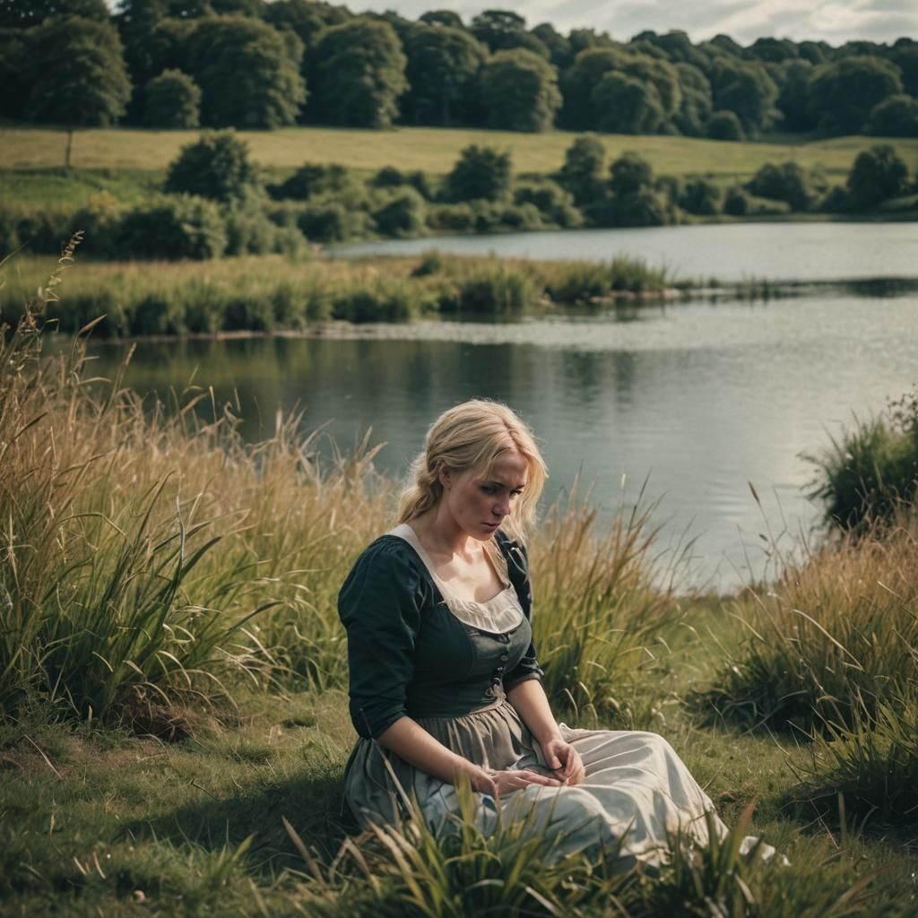 Woman Crying by Lake: Cinematic Film Still