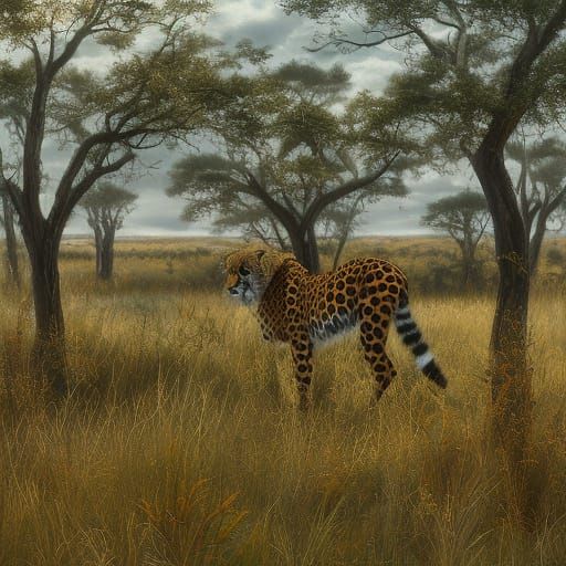 Realistic Wildlife Illustration of a Cheetah and Tiny Fairy