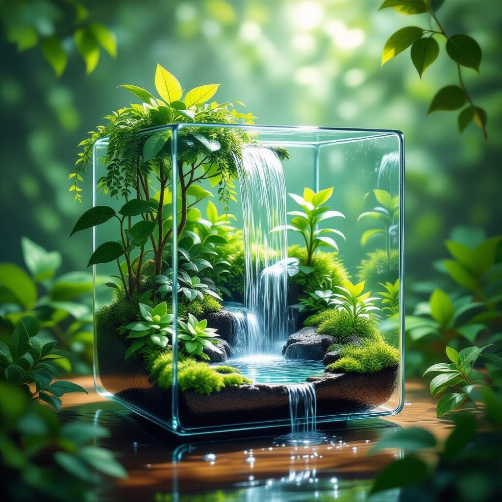 Glass Cube Terrarium With Glowing Waterfall and Lush Plants