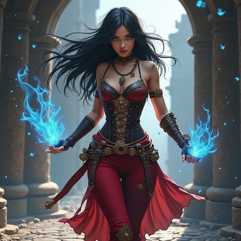 Steampunk Woman Engulfed in Blue Flames