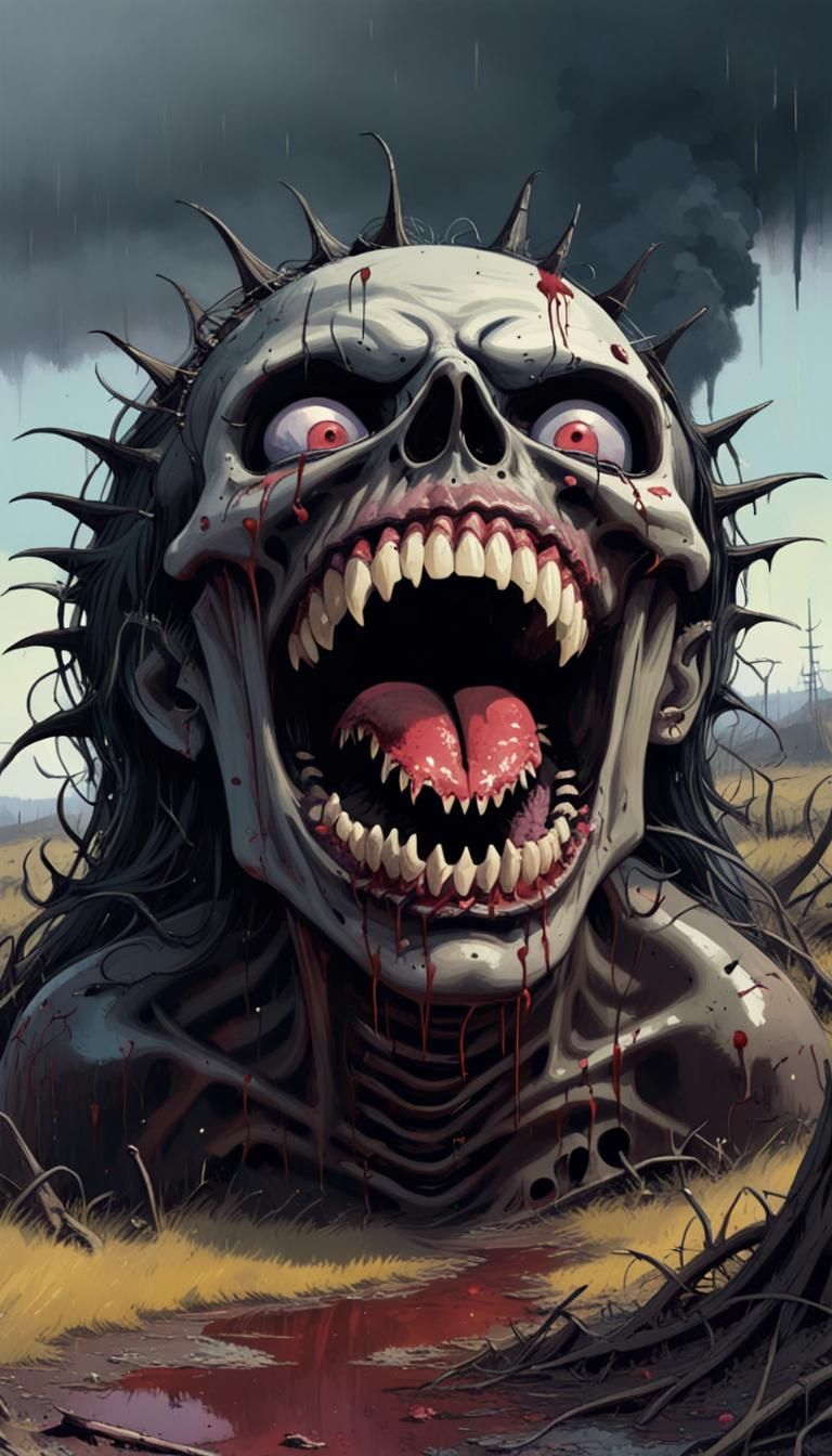 Horror-Raged Hell: Gothic splattered art, true (death:1.5);frowns open wide bearing (fangs:1.3)chrome." Frenzied storybo...