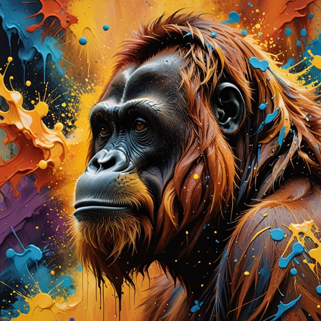 Expressive Orangutan Portrait in Swirling Abstract Expressio...