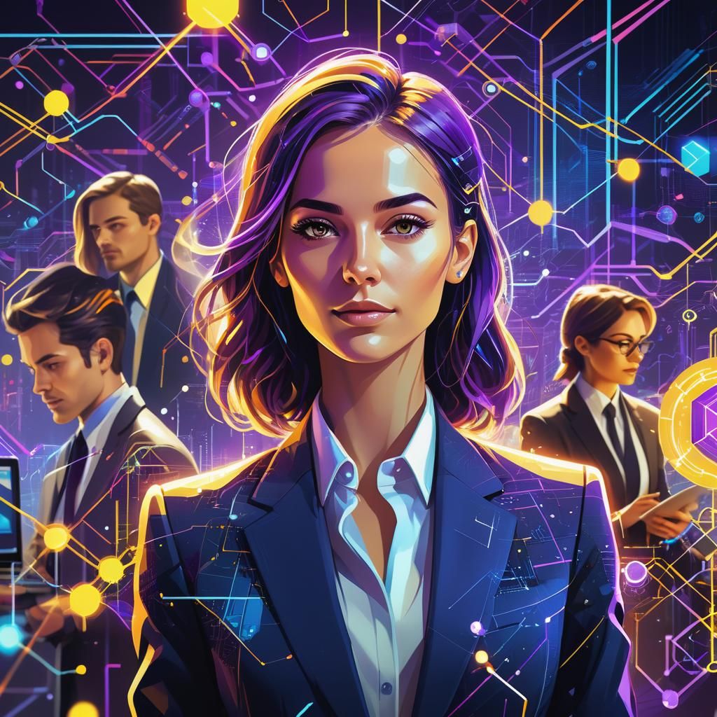 Futuristic Tech Entrepreneur Collaboration in Digital Illust...